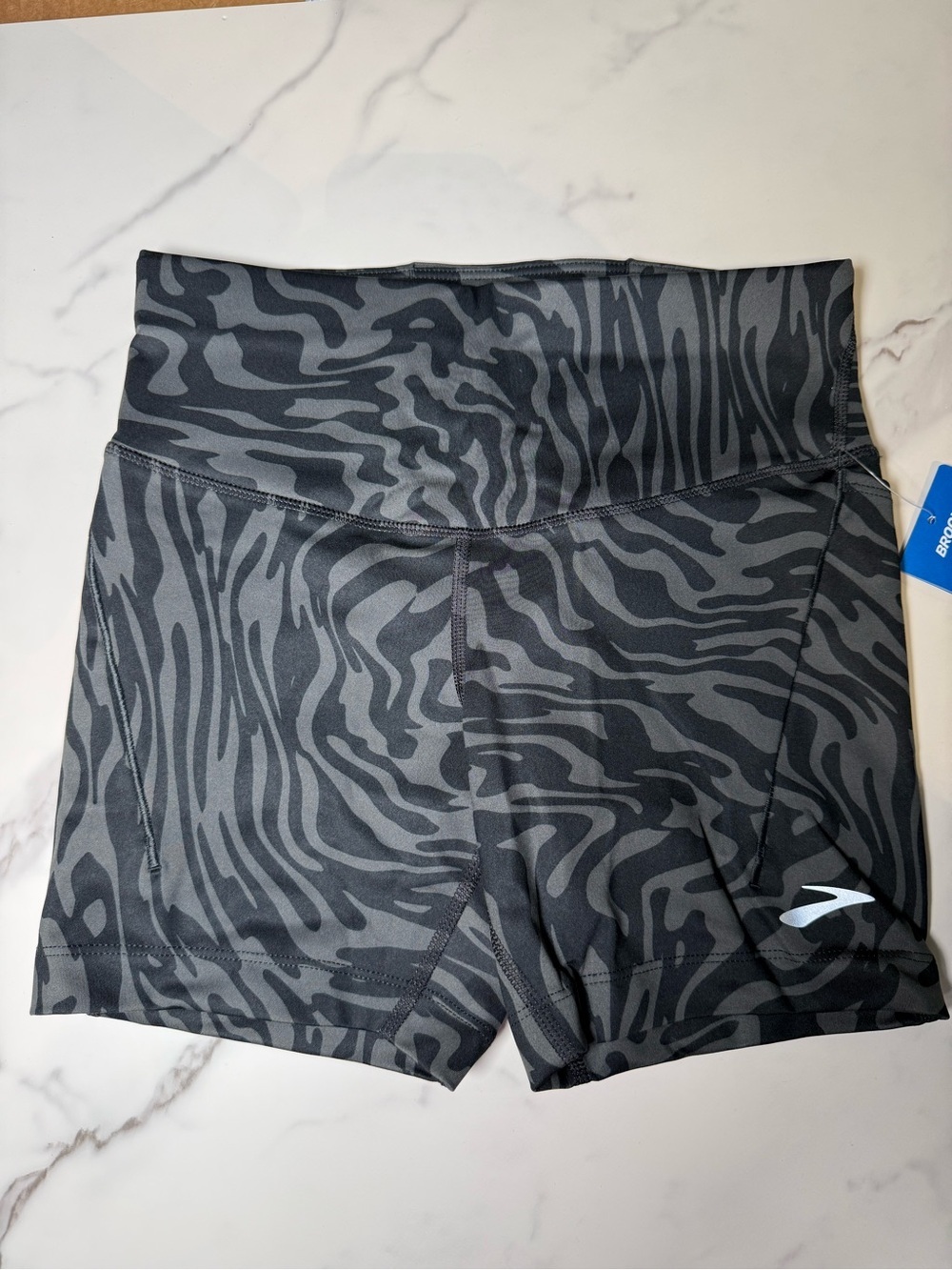 Brooks Spark 5” Short Tight Black & Gray Zebra-Pattern High-Waist Bike Shorts